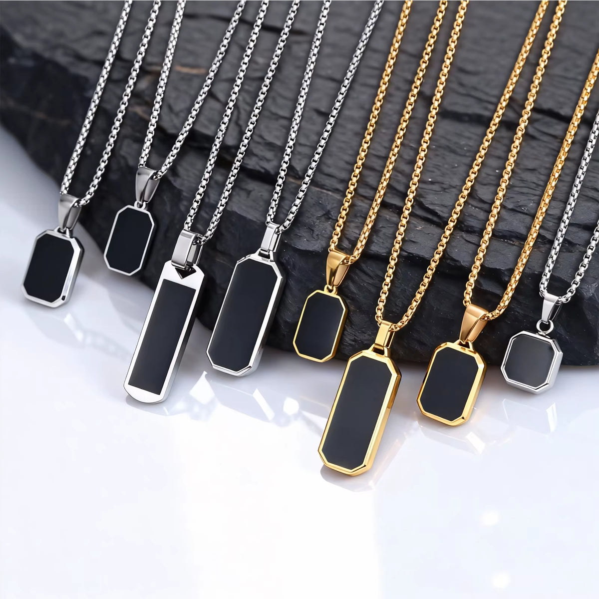 Stylish Men'S Black Enamel Necklace,Stainless Steel Geometric Square Small Dogtags Necklace,Anniversary Birthday Father Gift