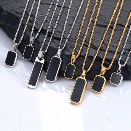 Stylish Men'S Black Enamel Necklace,Stainless Steel Geometric Square Small Dogtags Necklace,Anniversary Birthday Father Gift