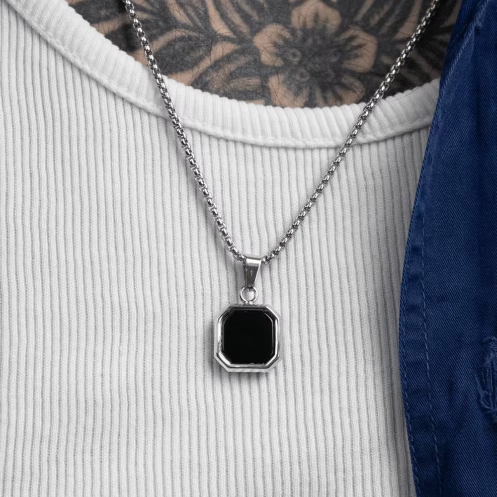 Stylish Men'S Black Enamel Necklace,Stainless Steel Geometric Square Small Dogtags Necklace,Anniversary Birthday Father Gift