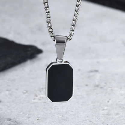 Stylish Men'S Black Enamel Necklace,Stainless Steel Geometric Square Small Dogtags Necklace,Anniversary Birthday Father Gift